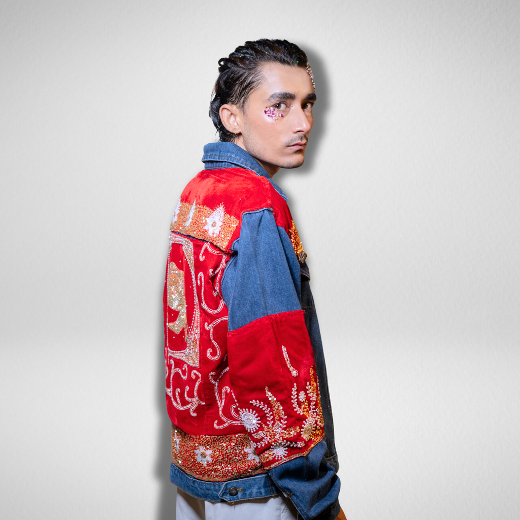 Drunk on Denim handmade blue distressed denim jacket for men – unique streetwear style