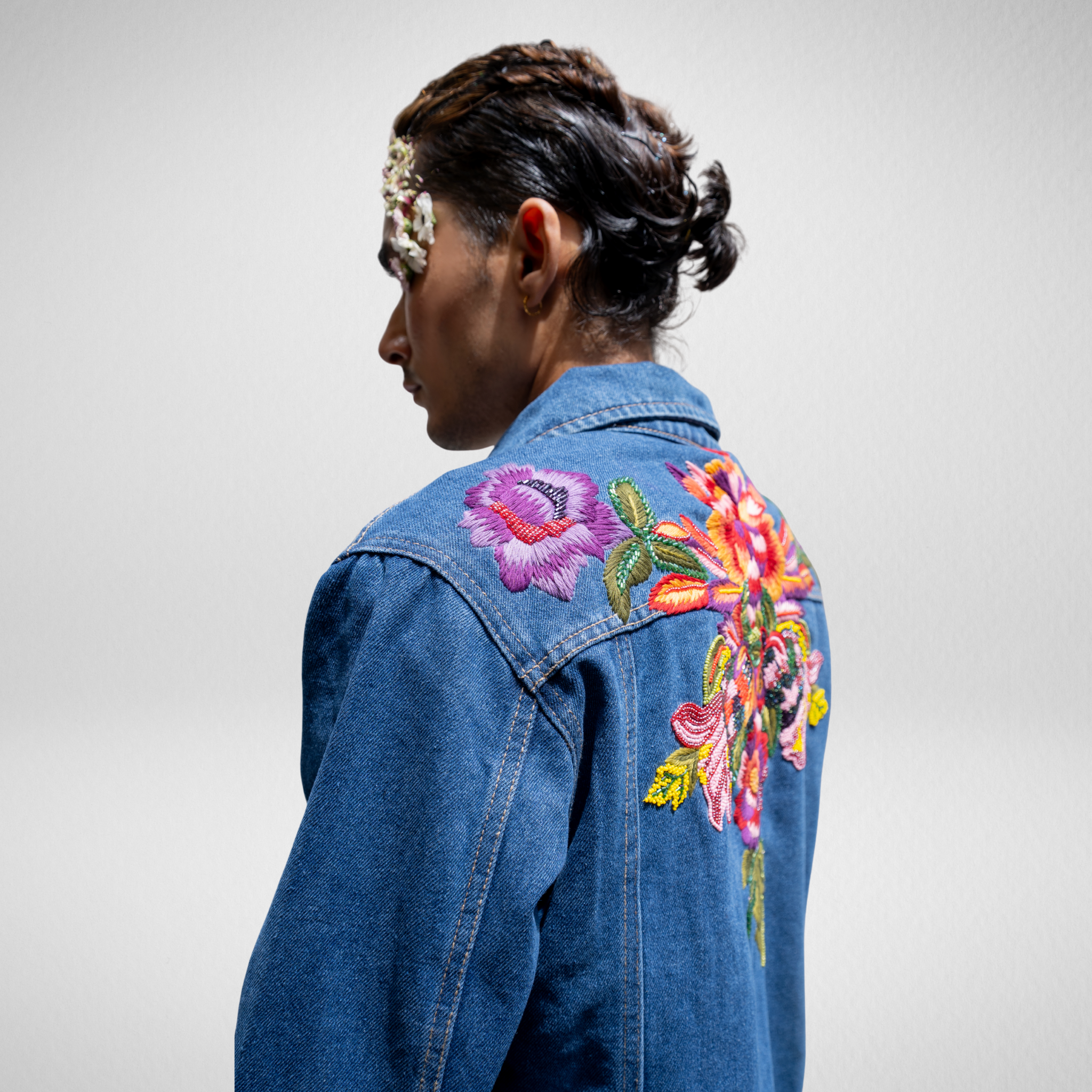 Drunk on Denim Indigo Dream cropped denim jacket – best handmade women’s jacket India with crochet & bead embroidery