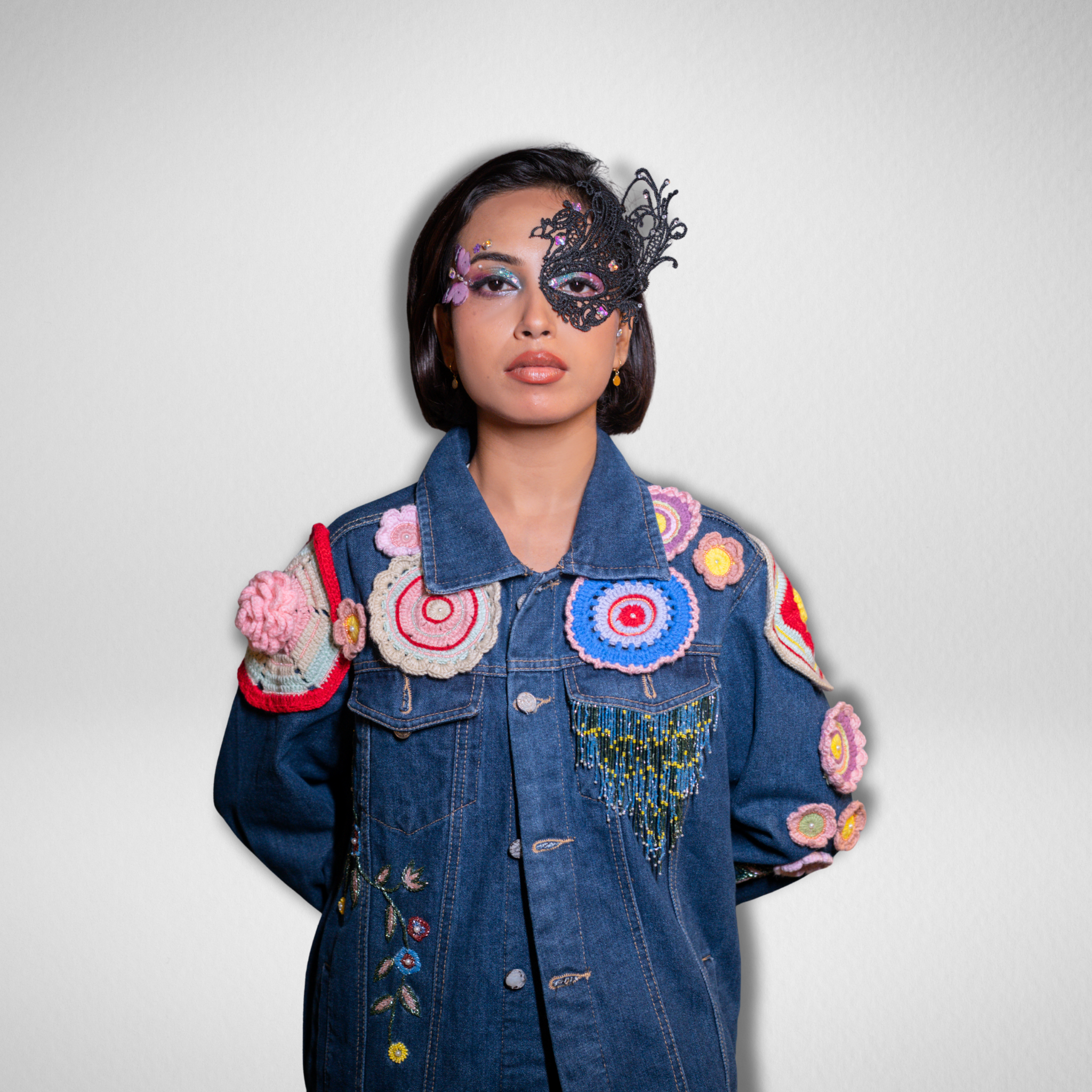 Drunk on Denim Midnight Bloom handmade women’s denim jacket – India made with floral embroidery & pearl accents”