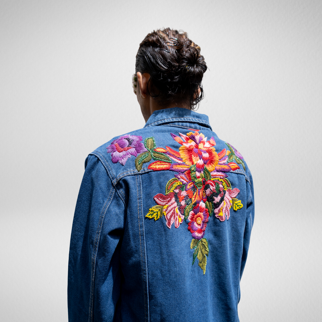 Drunk on Denim Midnight Bloom best women’s denim jacket – handmade in India with floral embroidery & pearl accents