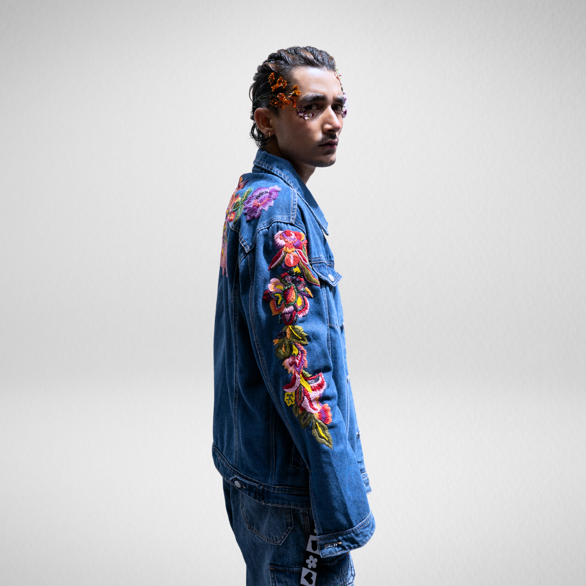 Drunk on Denim Rebel Pearl handmade denim jacket – India made embroidered design with pearls & distressed details