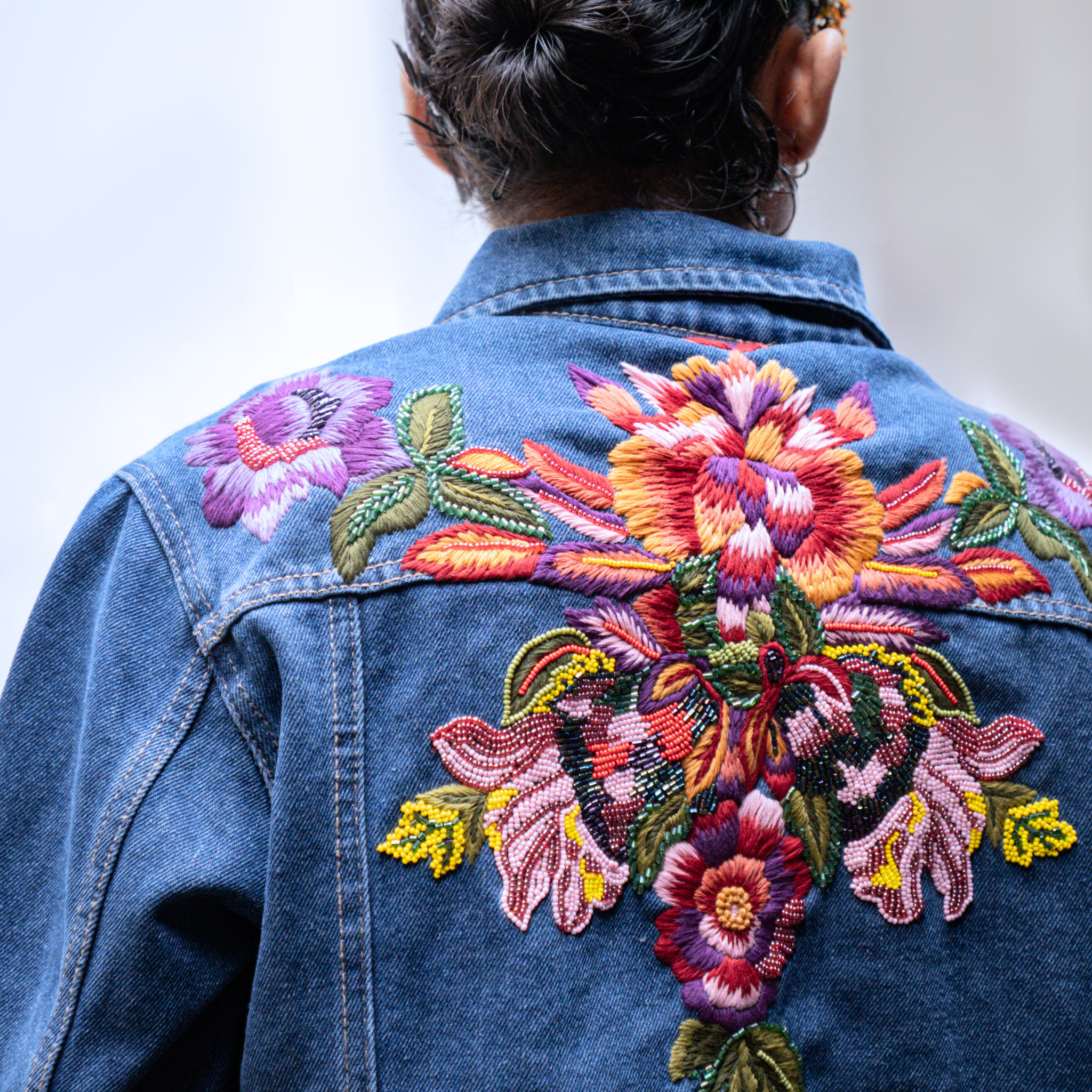 Drunk on Denim Too Much handmade denim jacket – India made floral embroidered design, best colorful women’s jacket