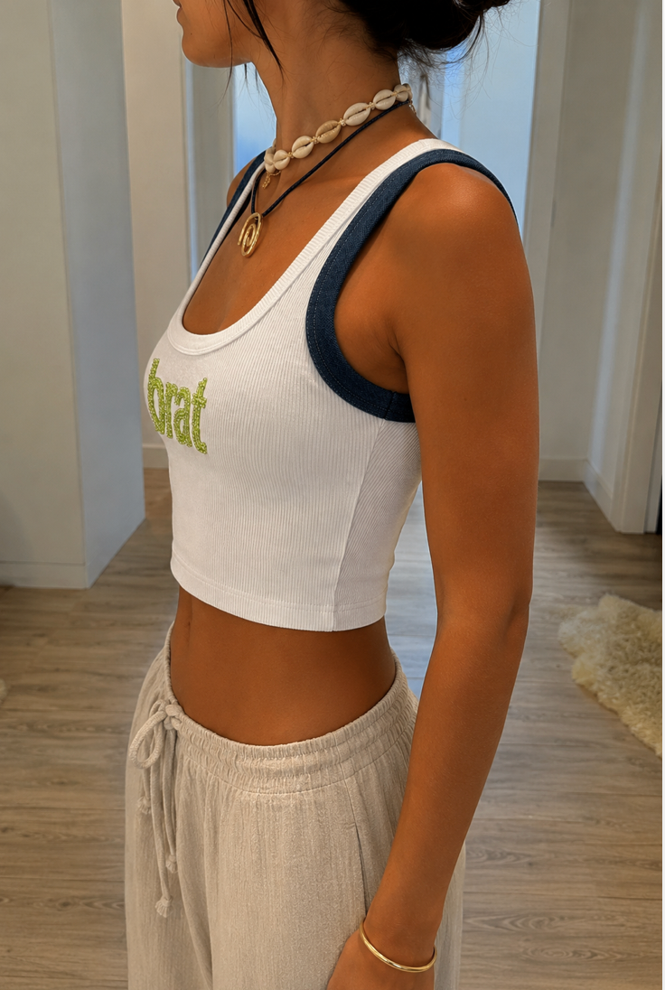 Brat embroidered ribbed cotton tank top by Drunk on Denim