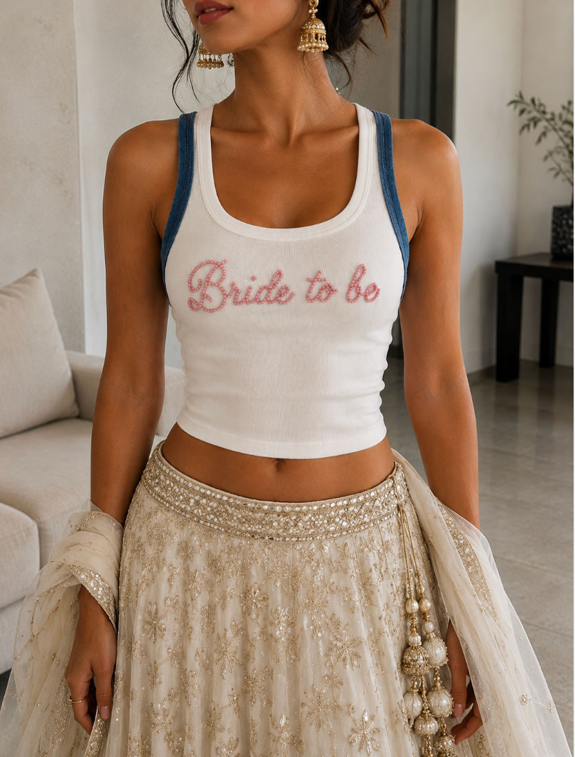 Bride To Be embroidered ribbed cotton tank top by Drunk on Denim