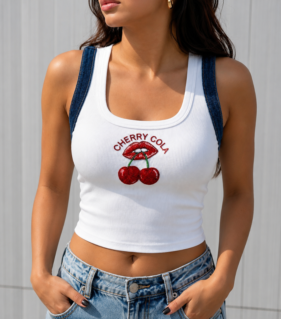 Cherry Cola embroidered ribbed cotton tank top by Drunk on Denim