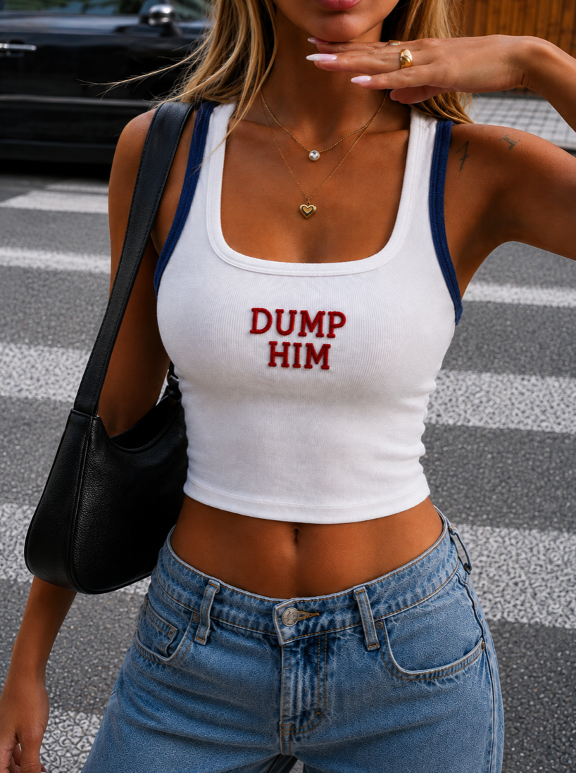 Dump Him embroidered ribbed cotton tank top by Drunk on Denim
