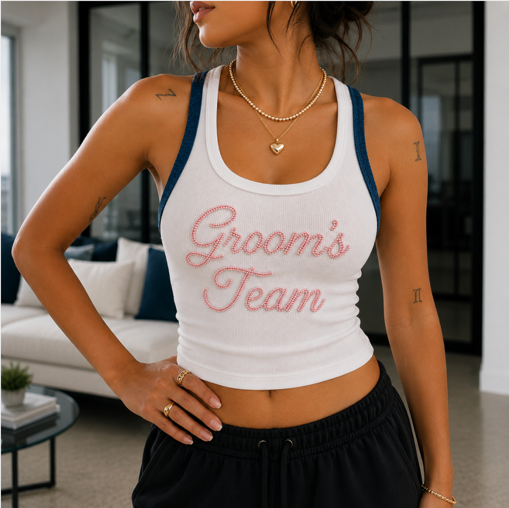 Groom's Team embroidered ribbed cotton tank top by Drunk on Denim
