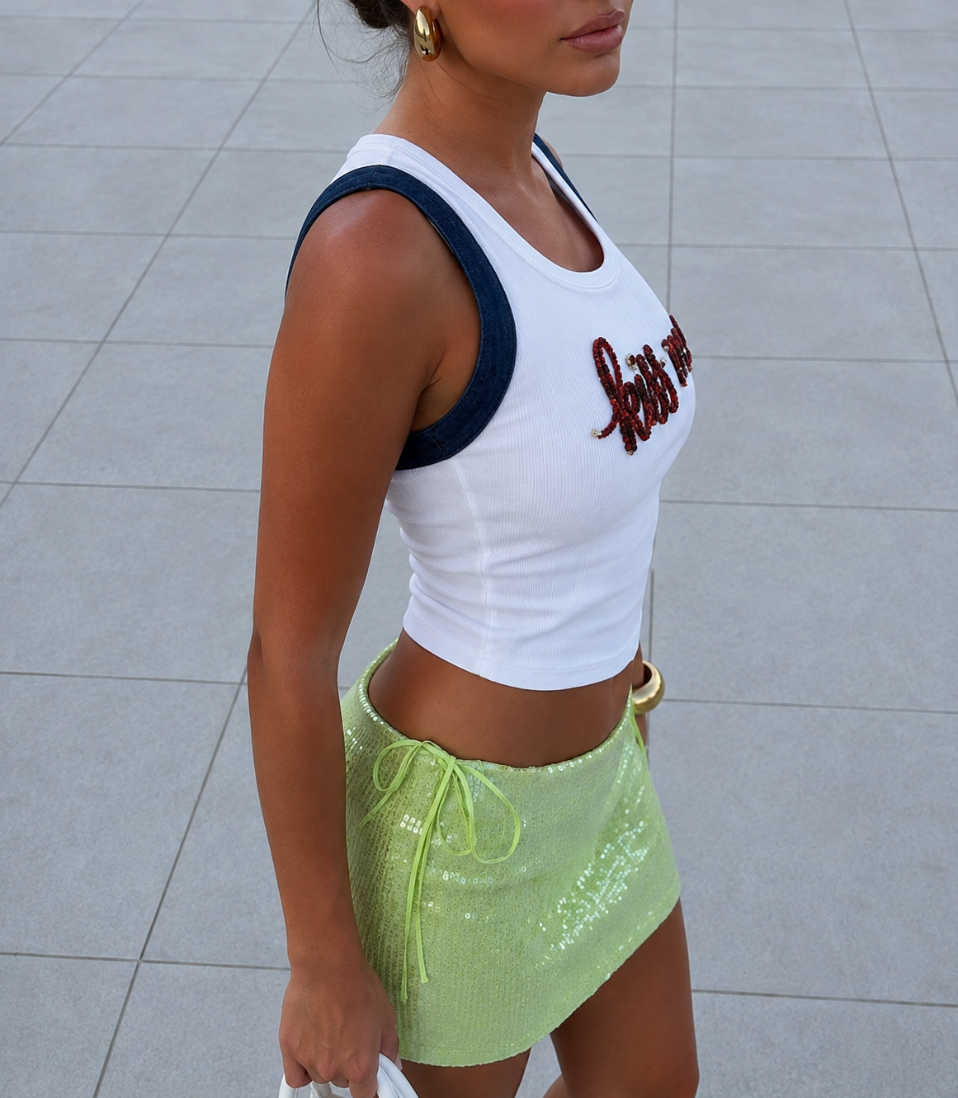 Kiss Me embroidered ribbed cotton tank top by Drunk on Denim