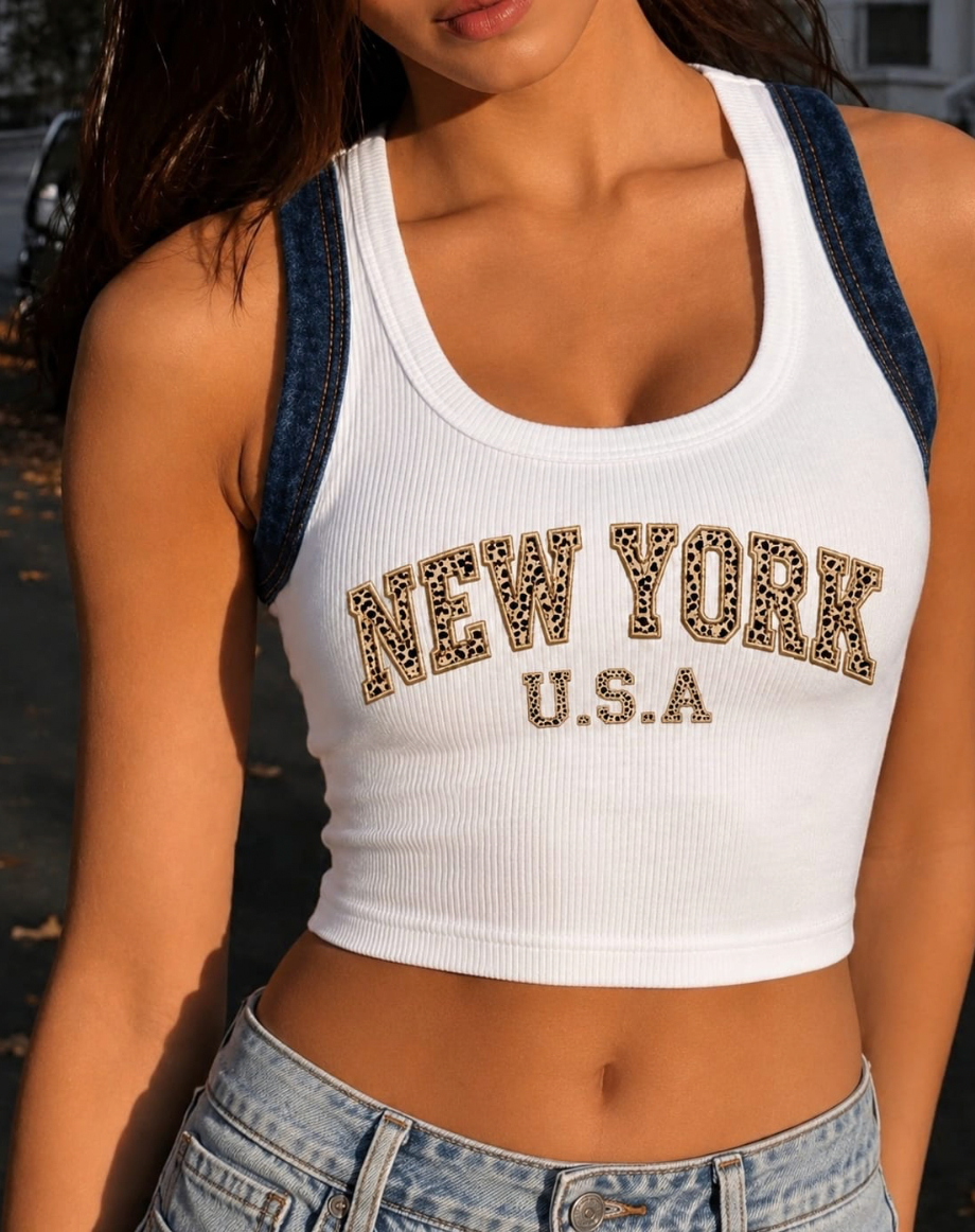 New York embroidered ribbed cotton tank top by Drunk on Denim