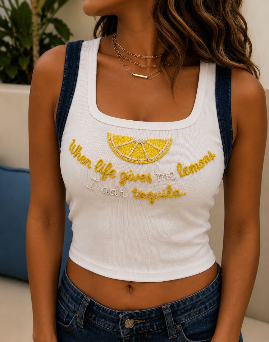 Tequila embroidered ribbed cotton tank top by Drunk on Denim