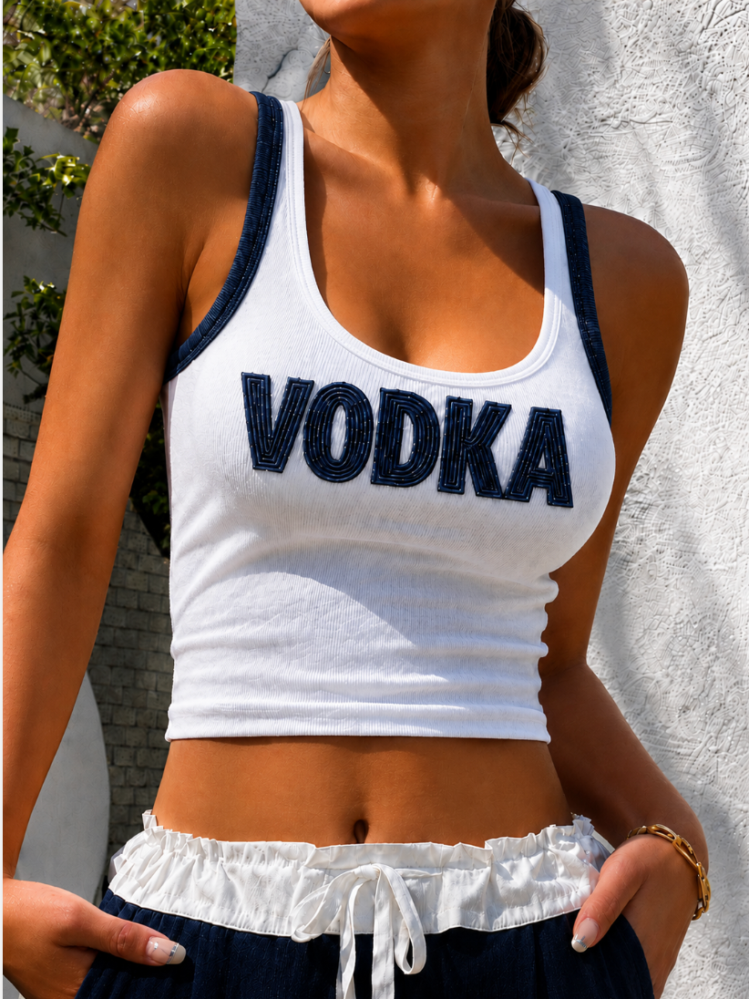 Vodka embroidered ribbed cotton tank top by Drunk on Denim