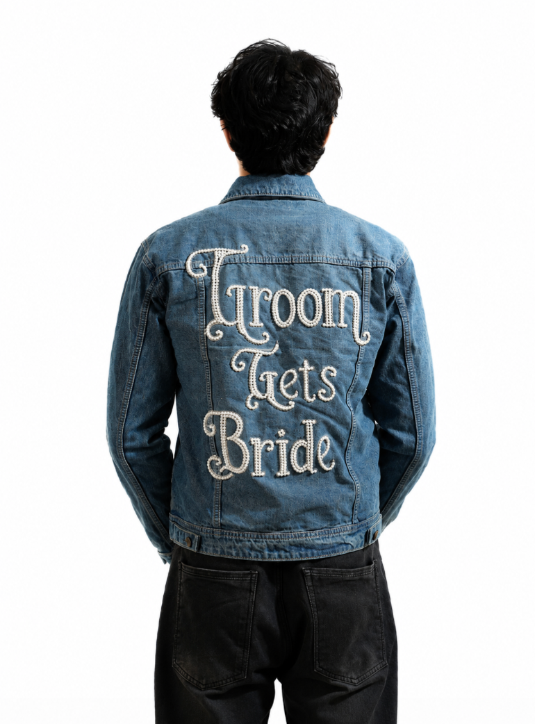 Groom Gets Bride hand-embroidered denim jacket by Drunk on Denim