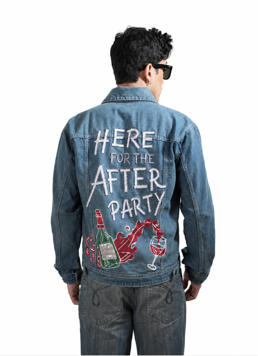 Here for the After Party hand-embroidered denim jacket by Drunk on Denim