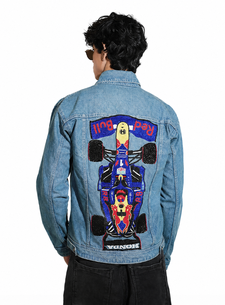 Racer hand-embroidered denim jacket by Drunk on Denim