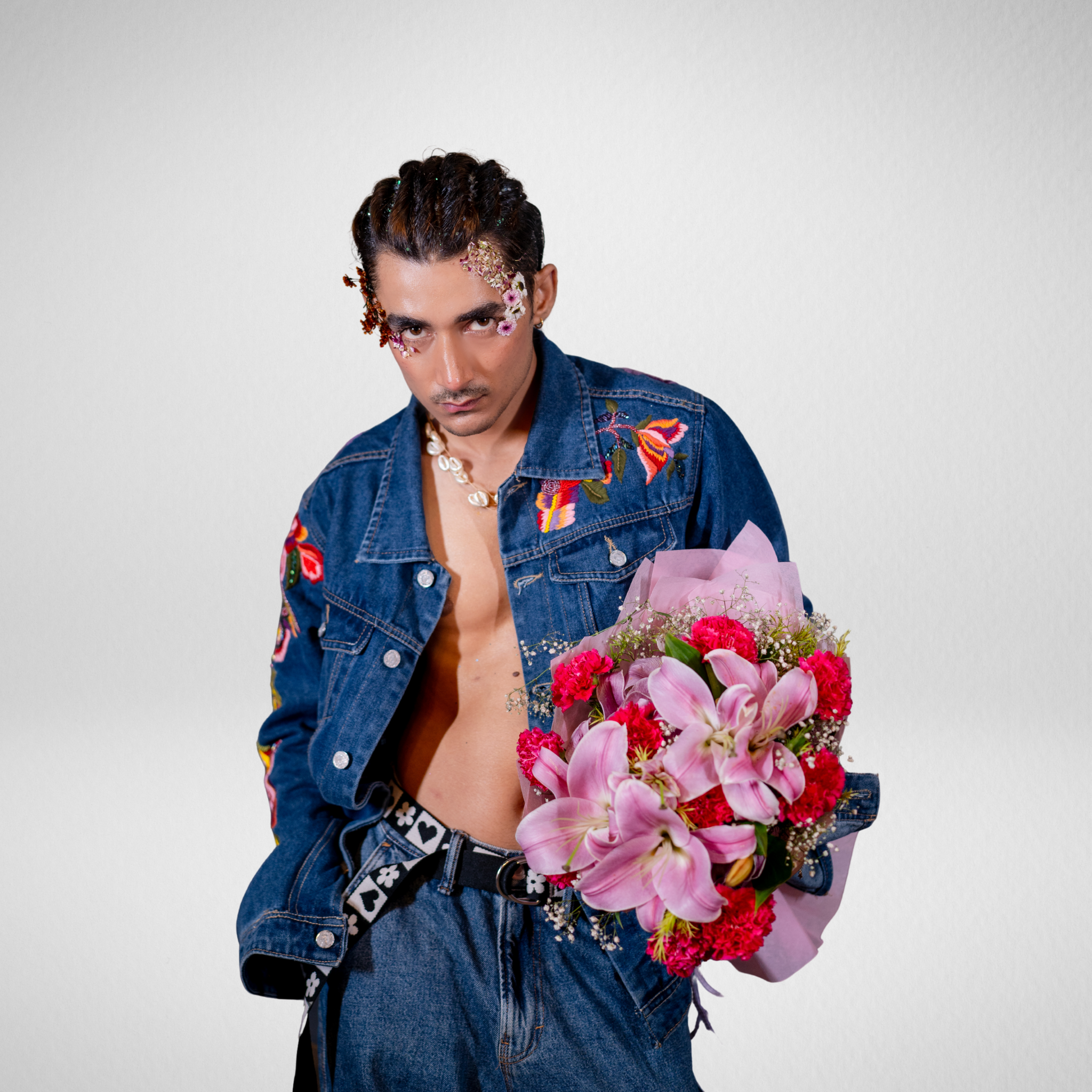 Drunk on Denim Grow Up handmade denim jacket – India made with crochet panels, pearl details & floral embroidery